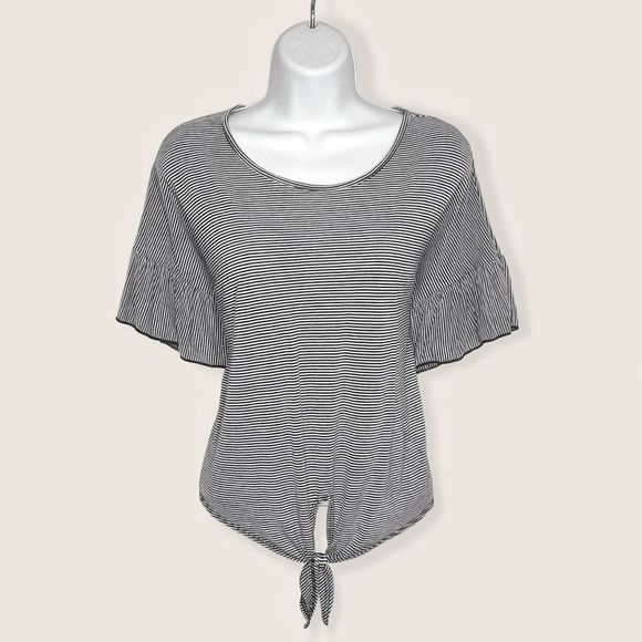 Caution To The Wind | Striped Tie Waist Flounce pSleeve Top | Medium - Picture 1 of 9